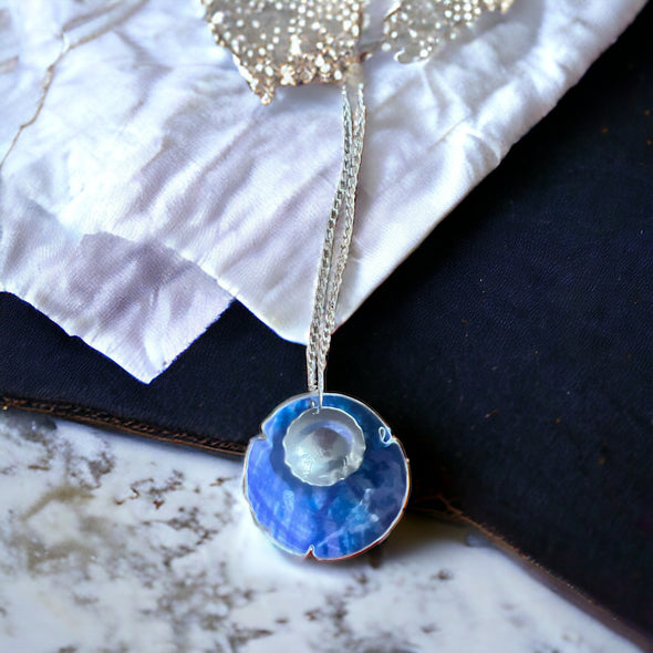 Blue and sterling silver Incased flower pod long necklace