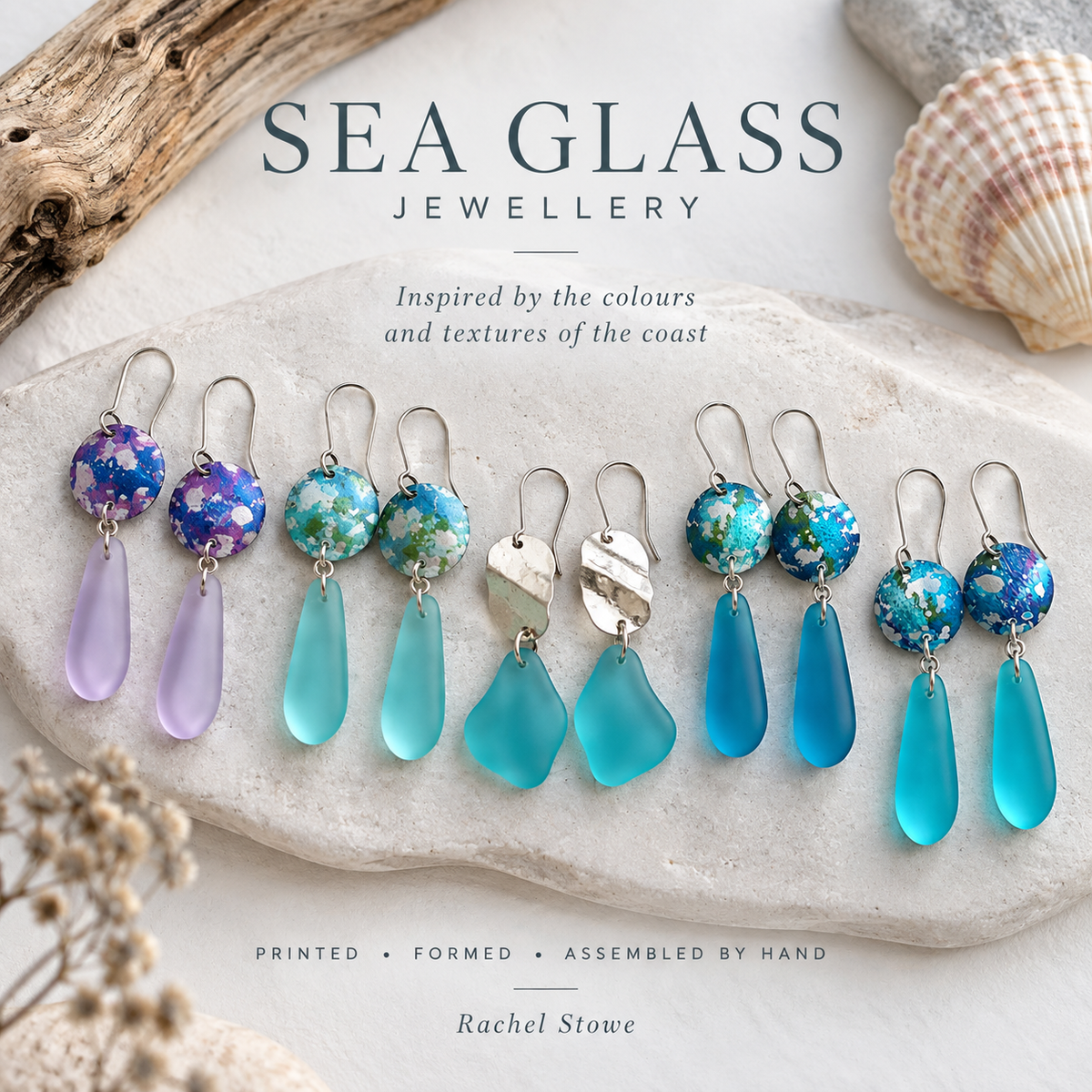 Sea Glass Jewellery collection – handmade sea glass, printed aluminium and sterling silver earrings by Rachel Stowe