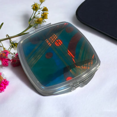 Teal green and orange compact mirror hand painted Rachel-stowe