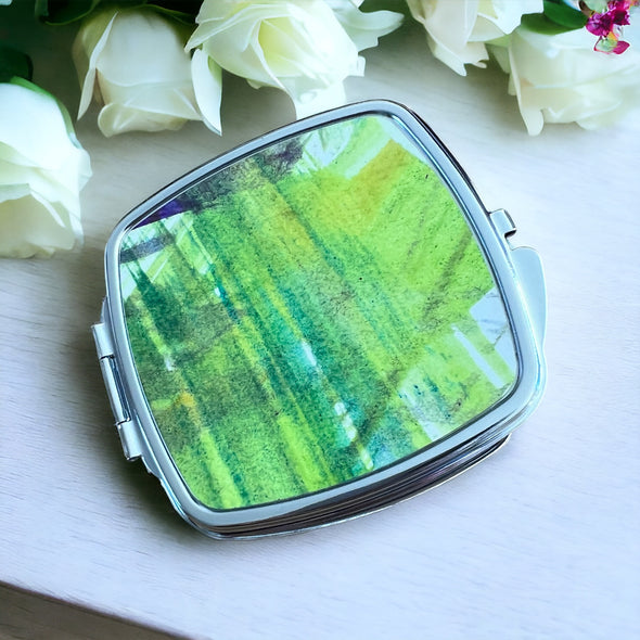 Mixed green lines compact mirror hand painted Rachel-stowe