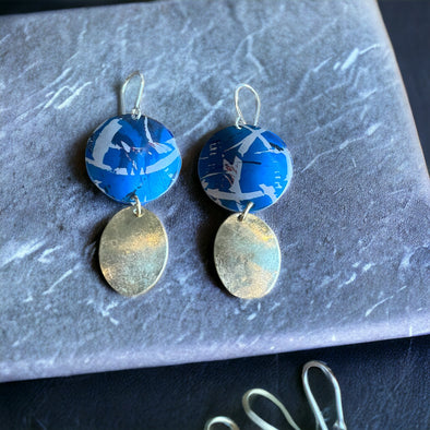 Brushed Brass and aluminium blue earrings