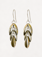 Handmade Golden Ochre Cascade drop earrings in yellow, ochre and soft green printed anodised aluminium with sterling silver ear wires.
