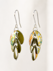 Handmade Golden Ochre Cascade drop earrings in yellow, ochre and soft green printed anodised aluminium with sterling silver ear wires.