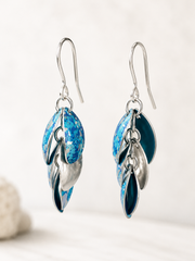 Handmade Ocean Blue Cascade drop earrings in turquoise printed anodised aluminium with sterling silver elements and ear wires.