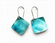 Coastal Blue handmade square anodised aluminium drop earrings in turquoise, blue and silver with sterling silver ear wires.