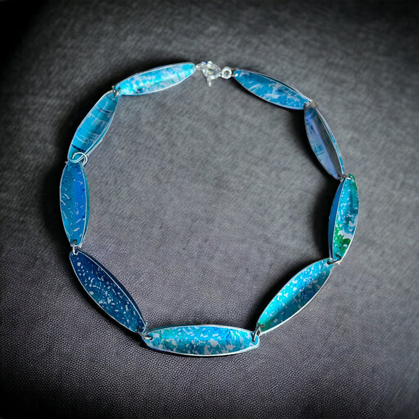 Turquoise blue aluminium clam inspired necklace Rachel-stowe