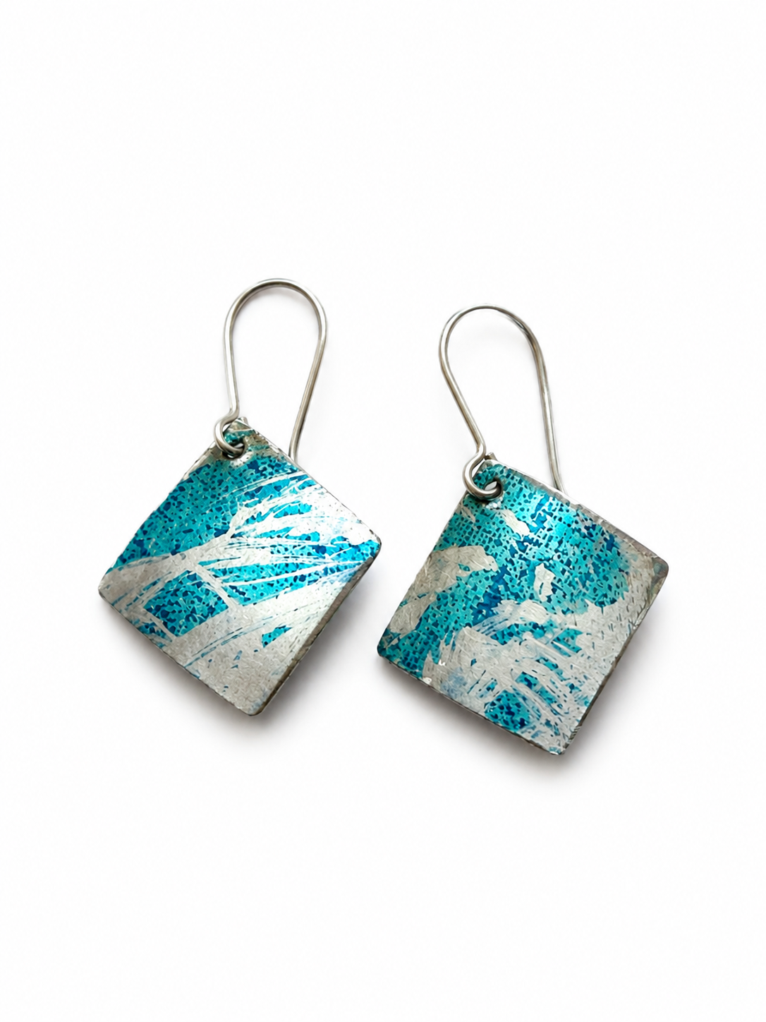 Coastal Blue handmade square anodised aluminium drop earrings in turquoise, blue and silver with sterling silver ear wires.