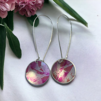 Pink long drop earrings anodized aluminium earrings.