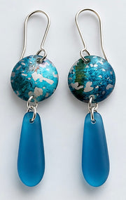 Handmade deep blue sea glass and turquoise printed aluminium drop earrings by Rachel Stowe