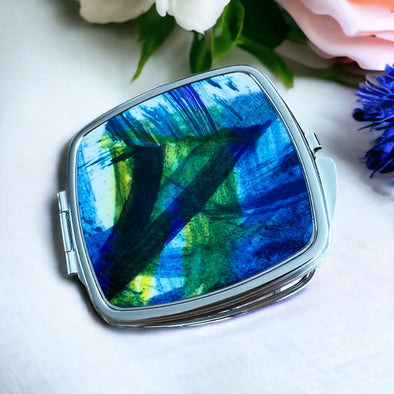 Blue/green brush strokes compact mirror Rachel-stowe