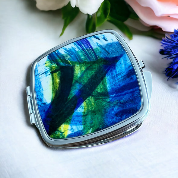 Blue/green brush strokes compact mirror Rachel-stowe