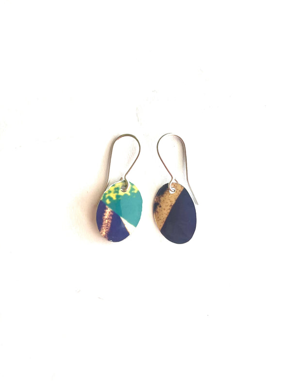 Green / Yellow / Navy Colour Mix  Oval Earrings