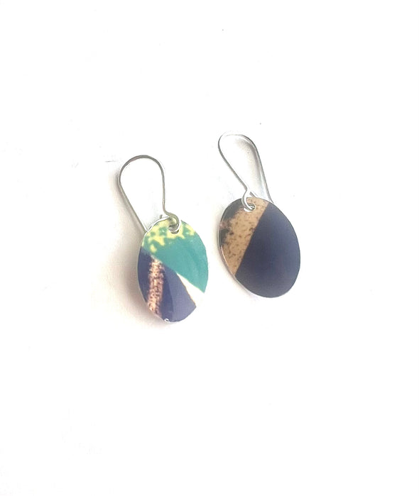 Green / Yellow / Navy Colour Mix  Oval Earrings