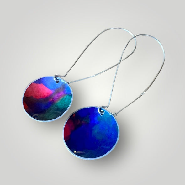 Glossy aluminium earrings long drop blue mix silver wires Rachel-stowe