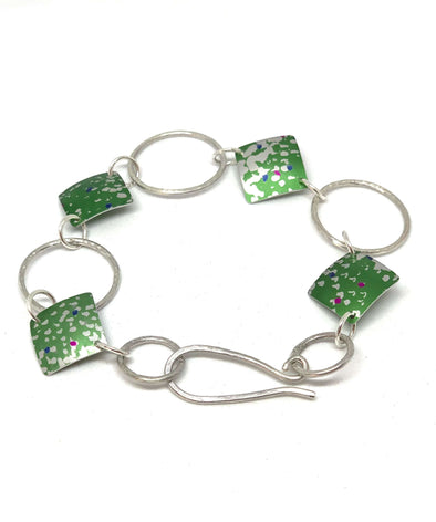 Green speckled print and Silver hammered Bracelet - Rachel Stowe 