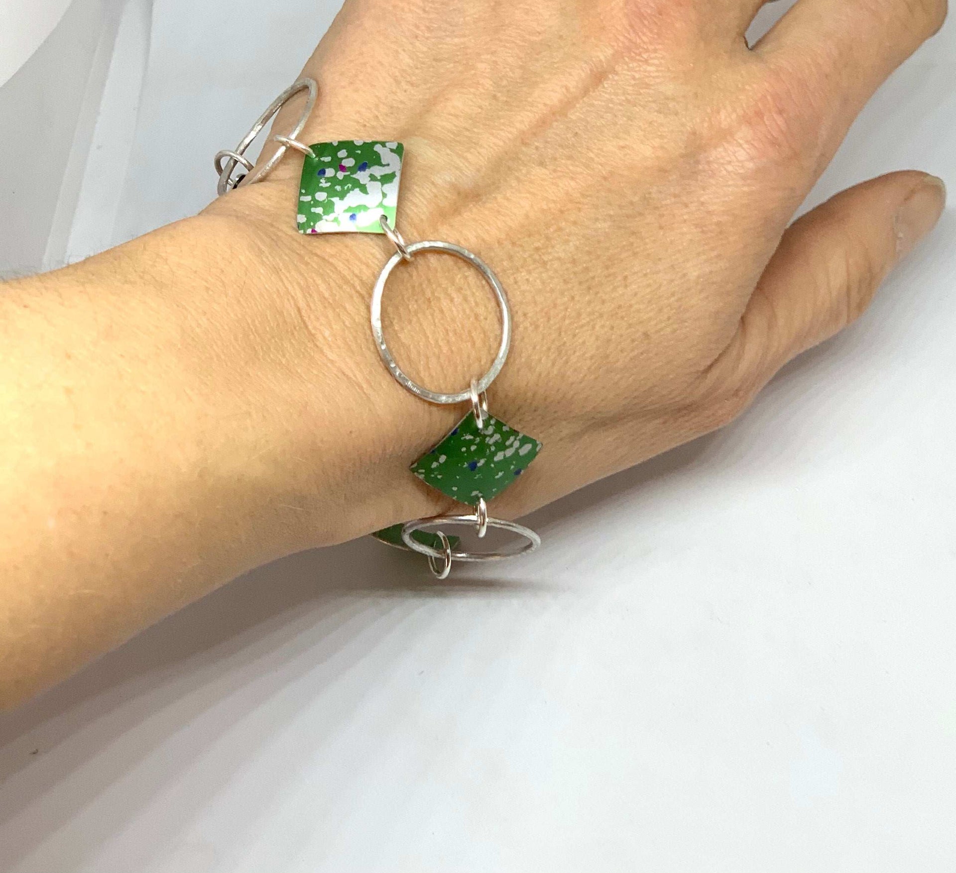 Green speckled print and Silver hammered Bracelet - Rachel Stowe 
