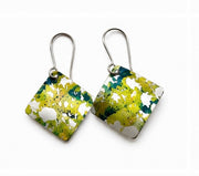 Meadow Light handmade square anodised aluminium drop earrings in lime, yellow and turquoise with sterling silver ear wires.