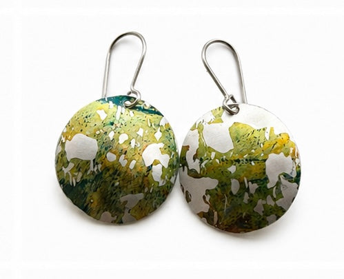     Meadow Tide
    Hand printed green and olive anodised aluminium disc drop earrings with sterling silver ear wires