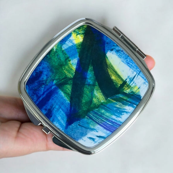 Blue -Green brush strokes compact mirror. - Rachel Stowe 