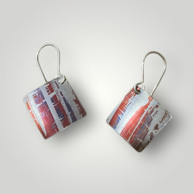 Red/orange blue subtle stripe aluminium earrings