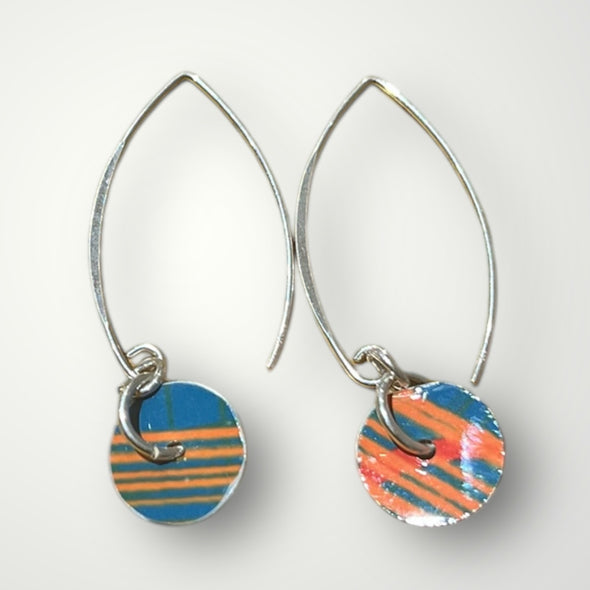 Teal Green and Orange Disk loop Earrings