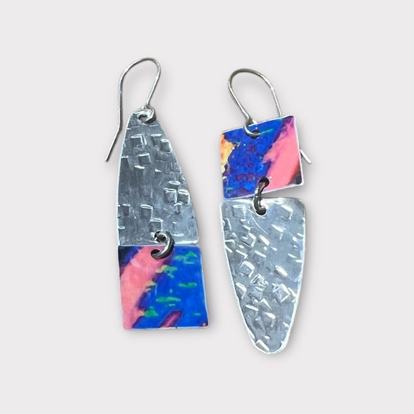 Blue /pink glossy aluminium and sterling silver mix n match earrings