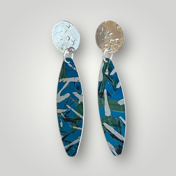 Blue mix feather long sterling silver stud