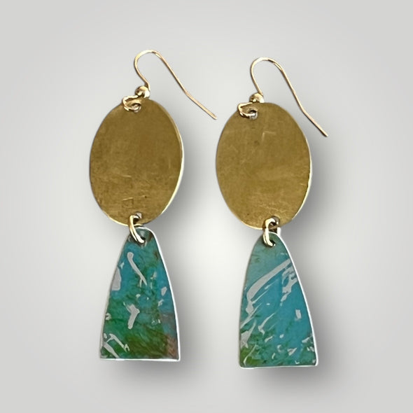 Brushed brass and turquoise aluminium earrings.