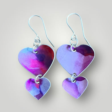 Heart Double drop mauve glossy aluminium earrings