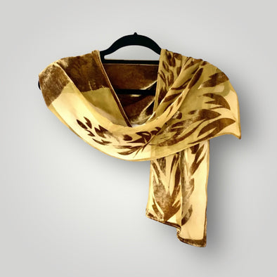 Gold/Brown/khaki  Designer Devore Floral Silk Velvet Scarf