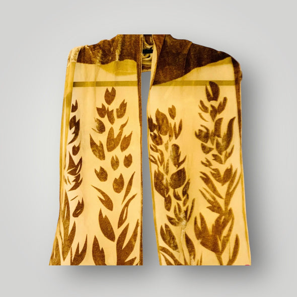 Gold/Brown/khaki  Designer Devore Floral Silk Velvet Scarf