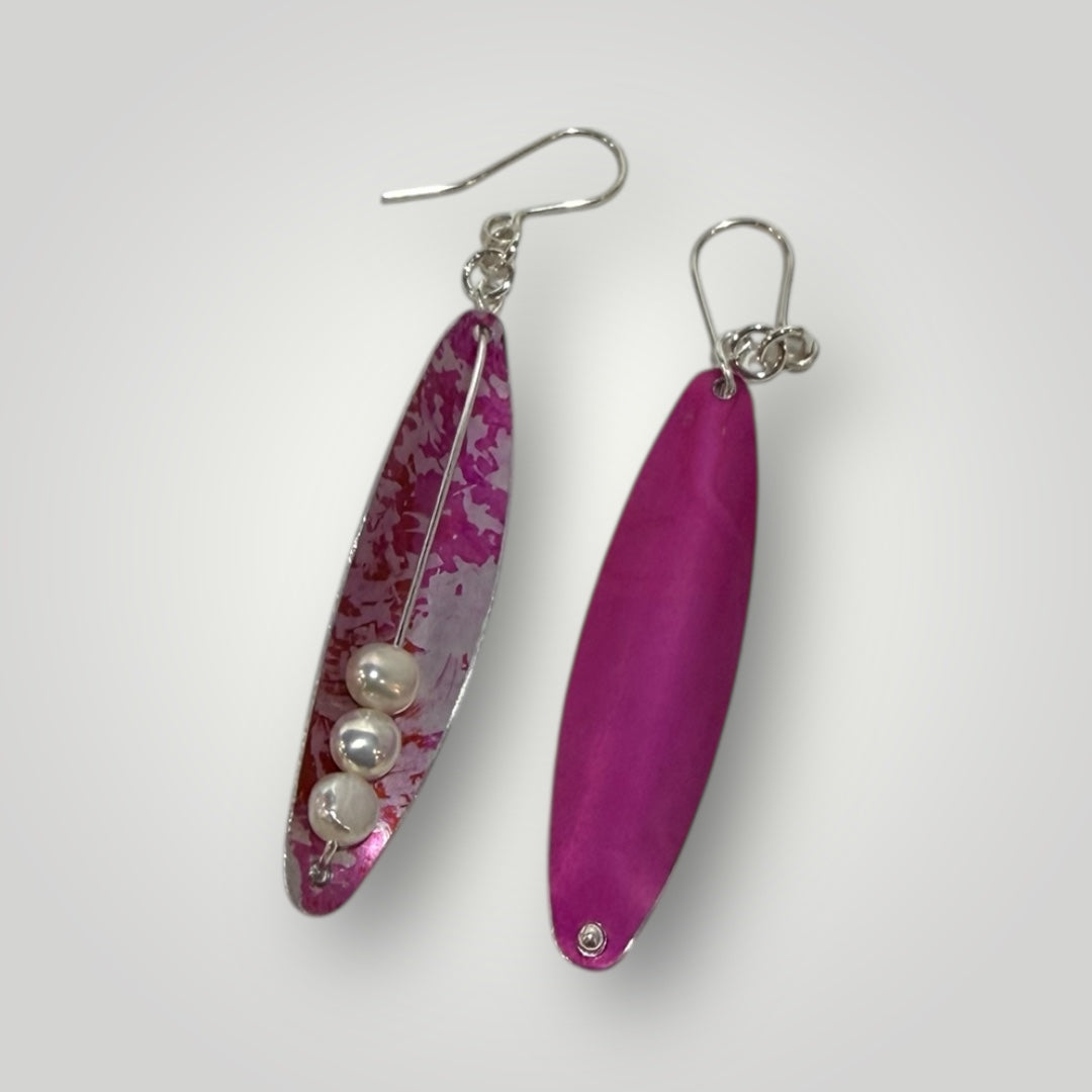 Pink Feather Style Aluminium and Sterling Silver Earrings
