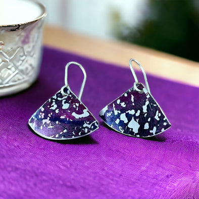 Fan shaped purple speckled earrings, aluminium and silver Rachel Stowe