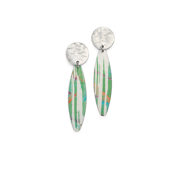 Sterling silver stud and green long feather drop earring
