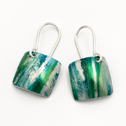 Tidal Green handmade square anodised aluminium drop earrings in turquoise and sea green with sterling silver ear wires.