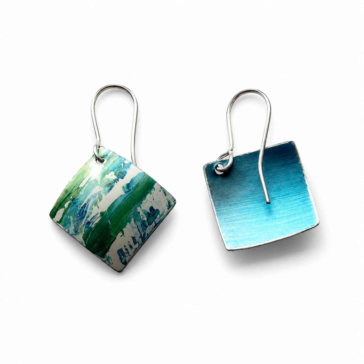 Tidal Green handmade square anodised aluminium drop earrings in turquoise and sea green with sterling silver ear wires.
