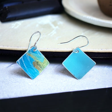 Aluminium earrings turquoise and yellow Rachel-stowe