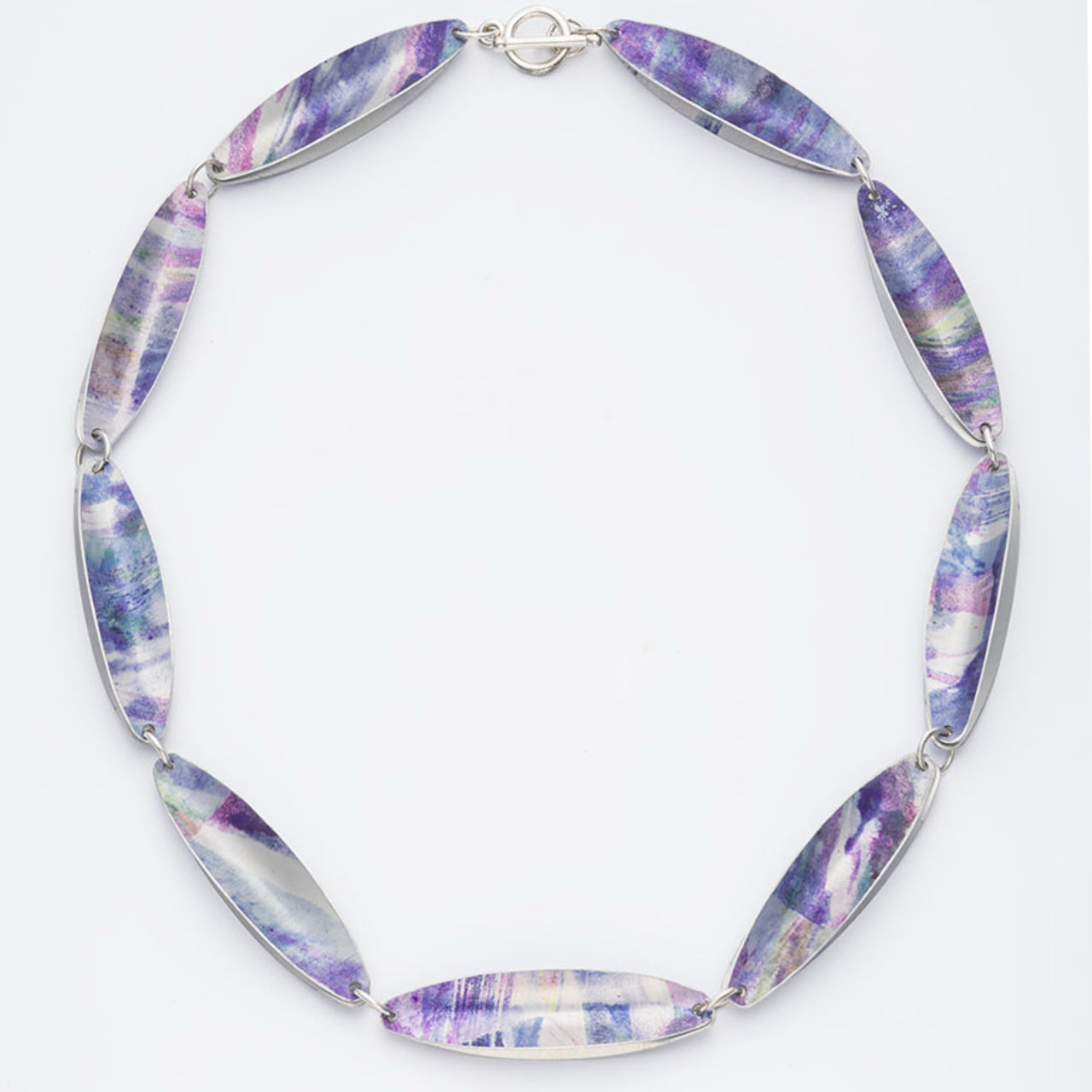 Aluminium clam style necklace muted mauves .