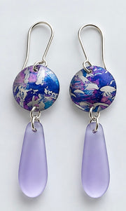  Handmade lilac sea glass and blue violet printed aluminium drop earrings by Rachel Stowe
The purple/lilac pair is quite distinctive and feels a little softer than the blues.