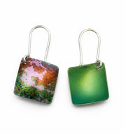 Wild Meadow handmade square anodised aluminium drop earrings in pink, green and silver with sterling silver ear wires.