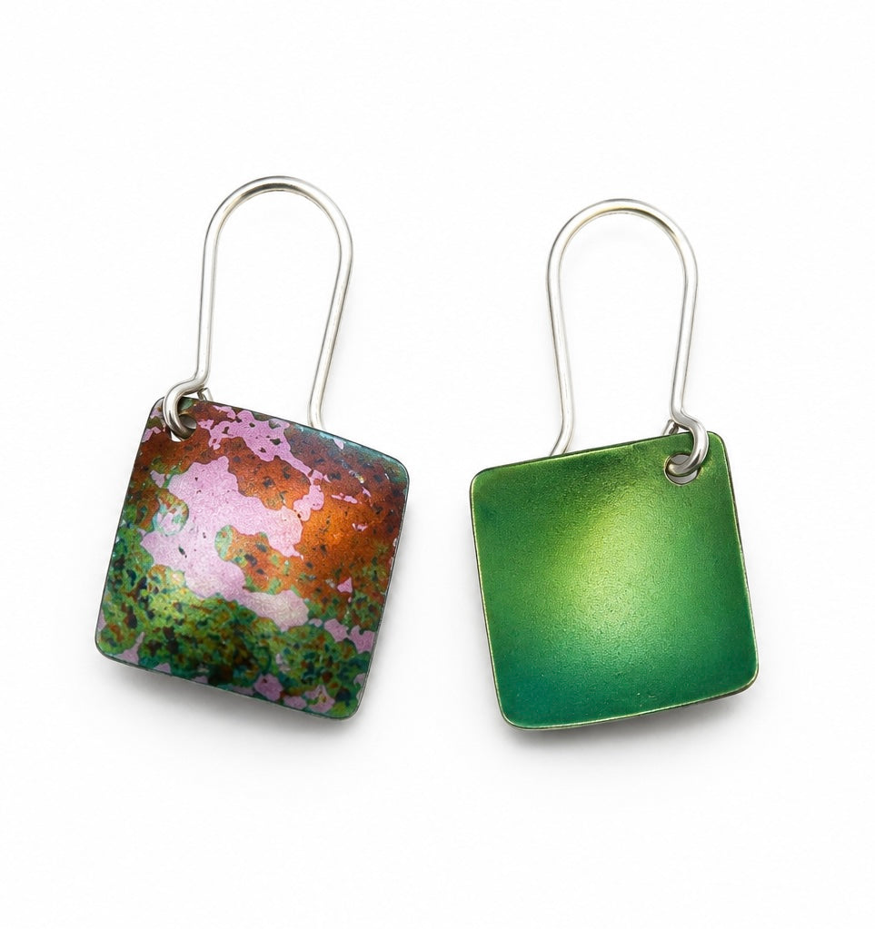 Wild Meadow handmade square anodised aluminium drop earrings in pink, green and silver with sterling silver ear wires.