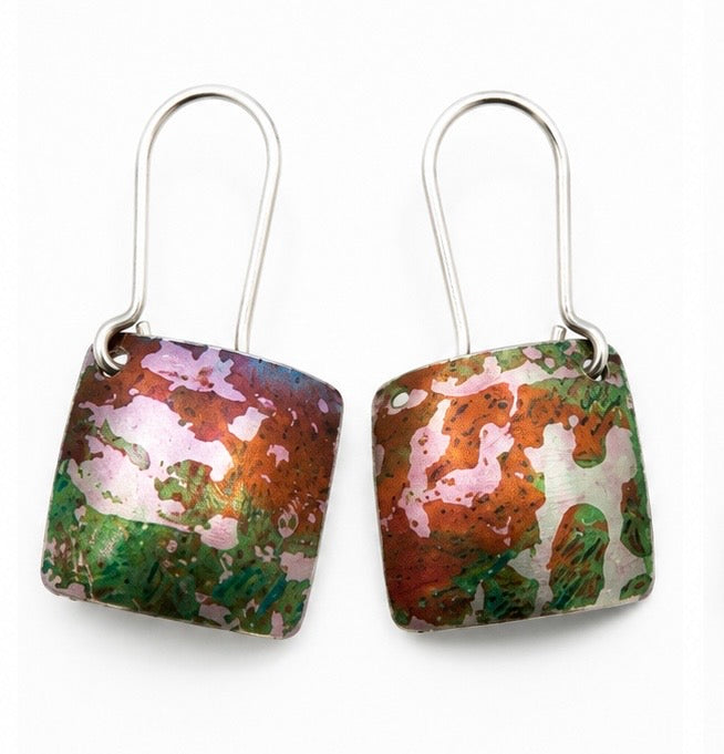 Wild Meadow handmade square anodised aluminium drop earrings in pink, green and silver with sterling silver ear wires.