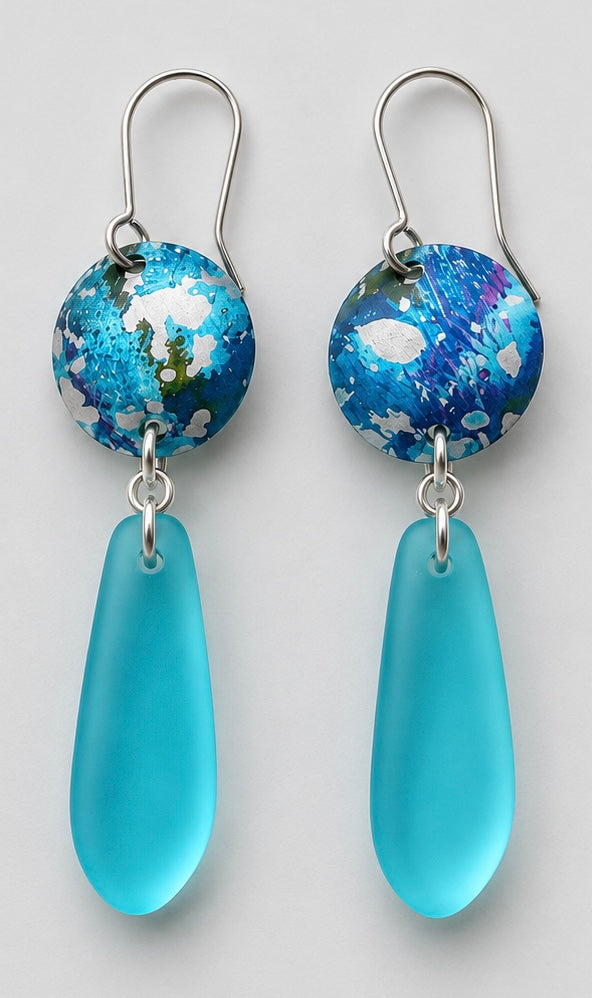     Handmade aqua sea glass and blue printed aluminium drop earrings by Rachel Stowe