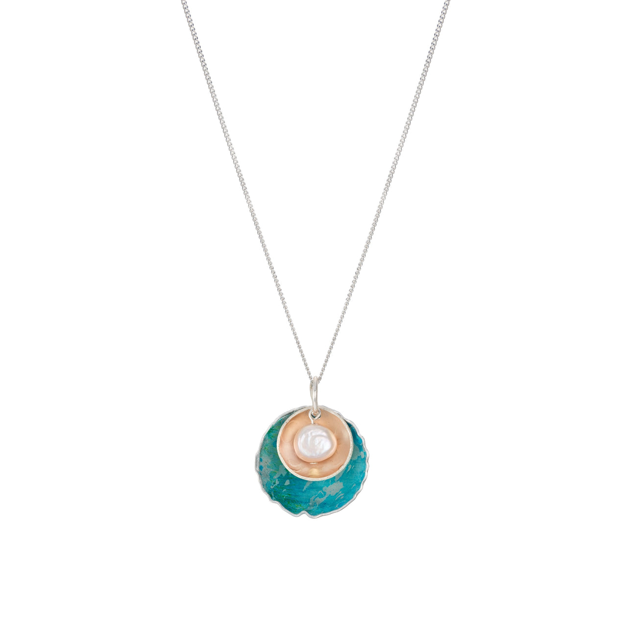 Pod style necklace silver and aluminium with a fresh water pearl incast inside.