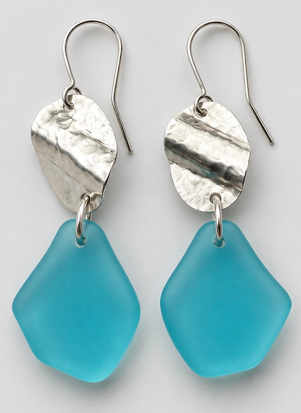 Handmade aqua sea glass and textured sterling silver drop earrings by Rachel Stowe