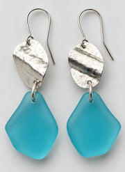 Handmade aqua sea glass and textured sterling silver drop earrings by Rachel Stowe