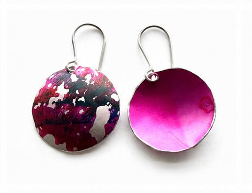     Wild Fuchsia
    Hand printed pink and fuchsia anodised aluminium disc drop earrings with sterling silver ear wires