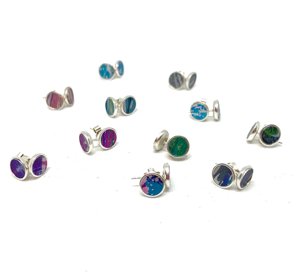 Purple/bright mix sterling silver and anodised aluminium studs