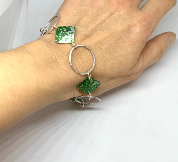 Green speckled print and Silver hammered Bracelet