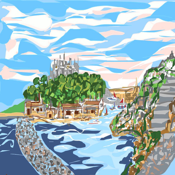 St Michaels mount greeting card hand drawn digital illustrations printed onto recycled card by rachel-stowe